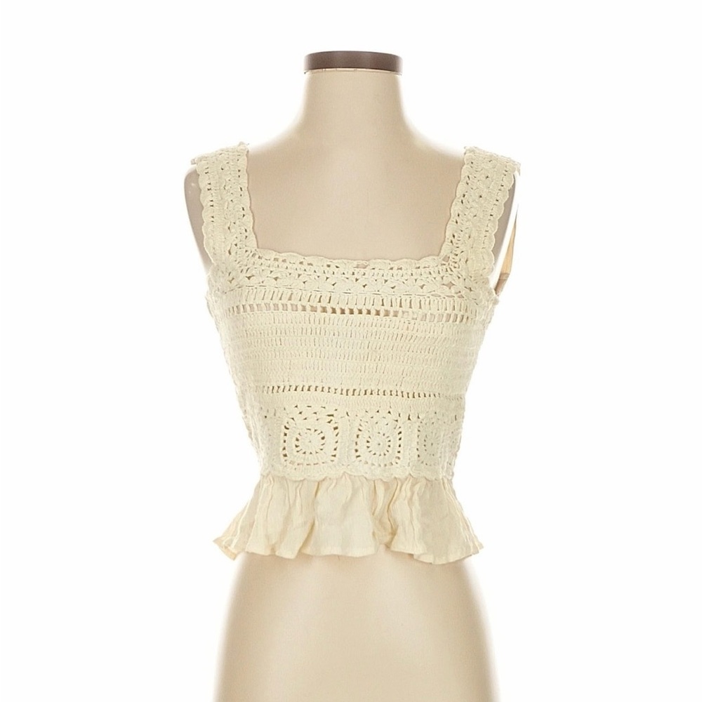 Crochet Square-Neck Peplum Camisole - Cream